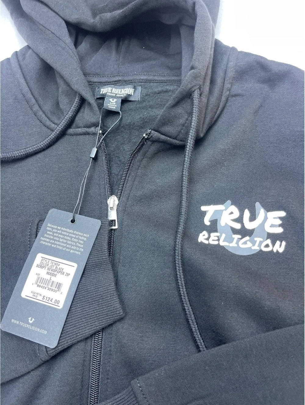 True Religion Black Zip-Up Hoodie with Logo Print